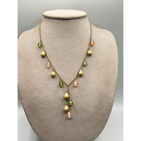 Vintage Gold Over Sterling Silver Necklace with Green & Peach Teardrop Beads - Picture 2 of 6